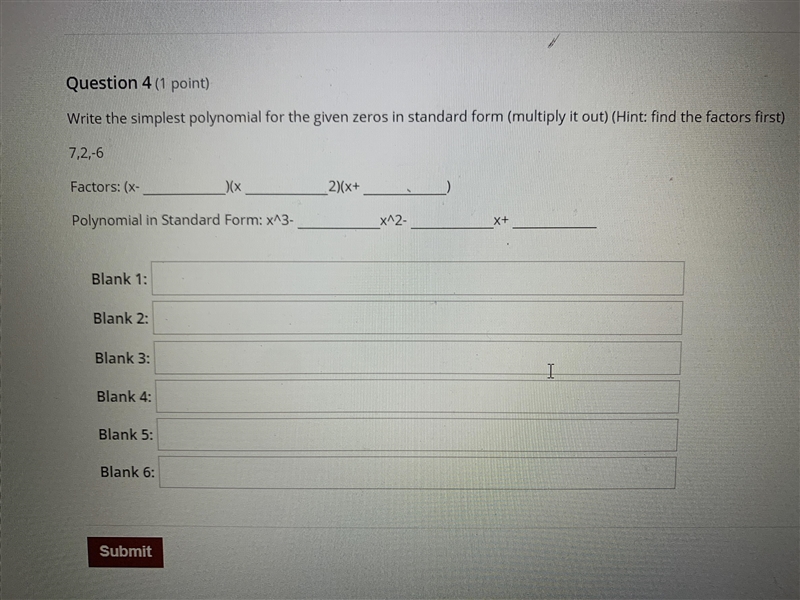 Write the simplest polynomial for the given zeros in standard form 7 ,2 , -6-example-1