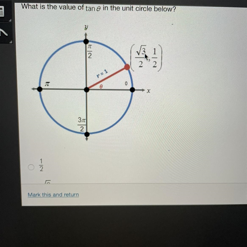 What is the value of tan 0 in the unit circle below? (square root3/2,1/2)-example-1