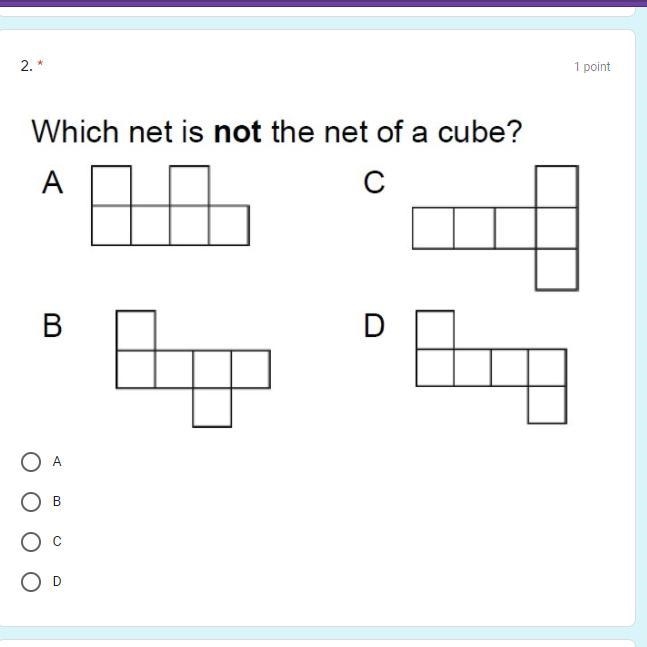 Which of these is NOT the net of a cube.-example-1