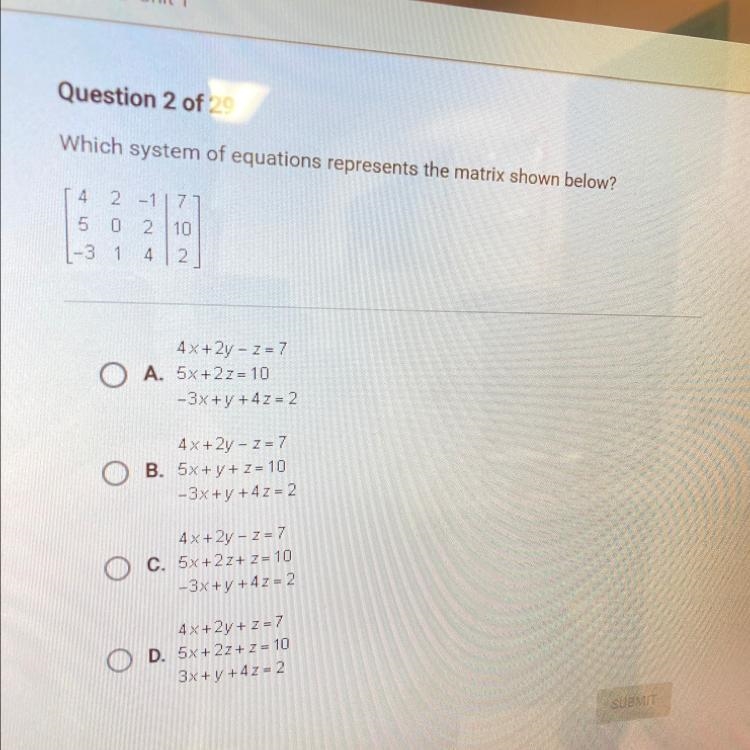 Which system of equations represents the matrix shown below?-example-1