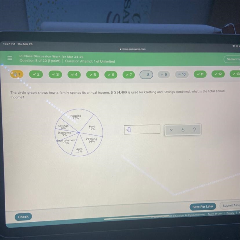 The circle graph shows how a family spends its annual income. If $14,400 is used for-example-1