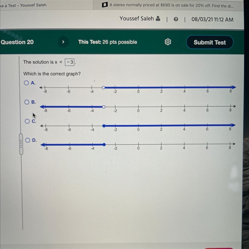 X < -3 graph line How do you graph X < -3 Is it A,B,C,D ?-example-1