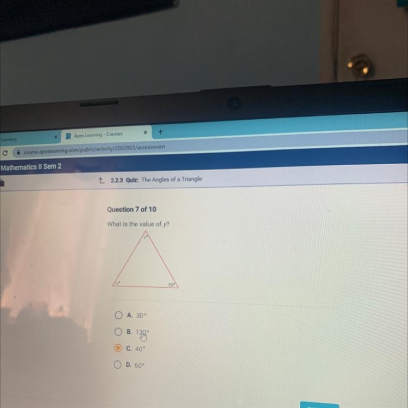 PLS PLS HELP ME IM STUCK Question 7 of 10 What is the value of y? 60" A. 30° O-example-1