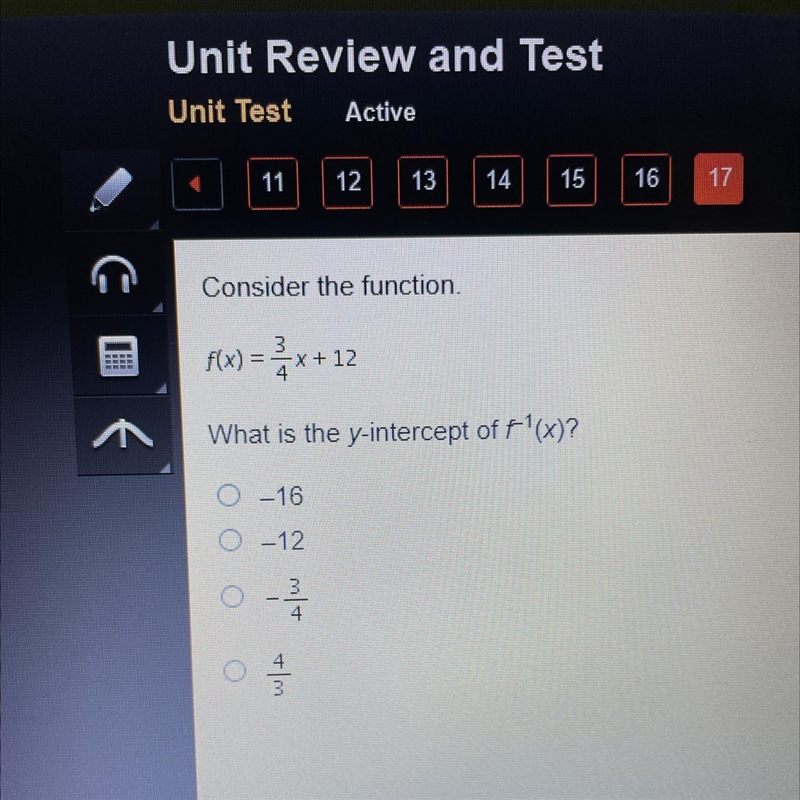 Consider the function. 3 f(x) = -X + 12 4 What is the y-intercept of f'(x)? -16 ООО-example-1