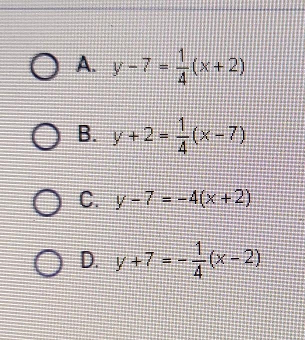 Identify an equation in point-slope from for the line perpendicular to y=-4x-1 that-example-1