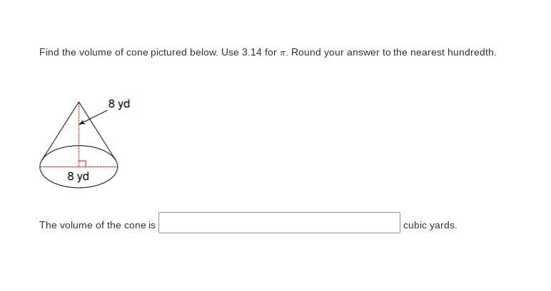 Find the volume of cone pictured below. Use 3.14 for /pi Round your answer to the-example-1