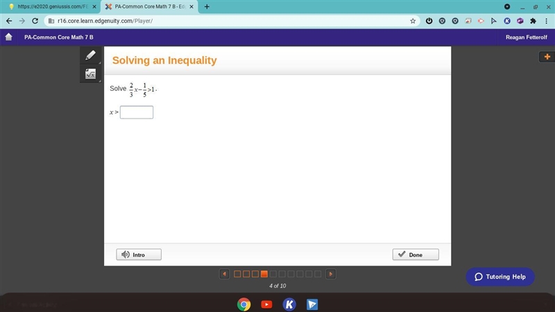 PLEASE HELP!!!! Solve 2/3x -1/5 > 1 x > ____-example-1