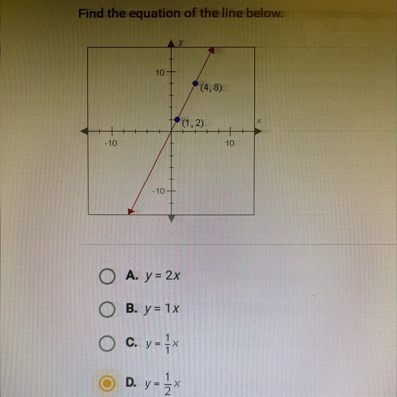 Find the equation of the line below. 10 (4,8) х t(1,2) - 10 10 - 10 O A. y = 2x O-example-1