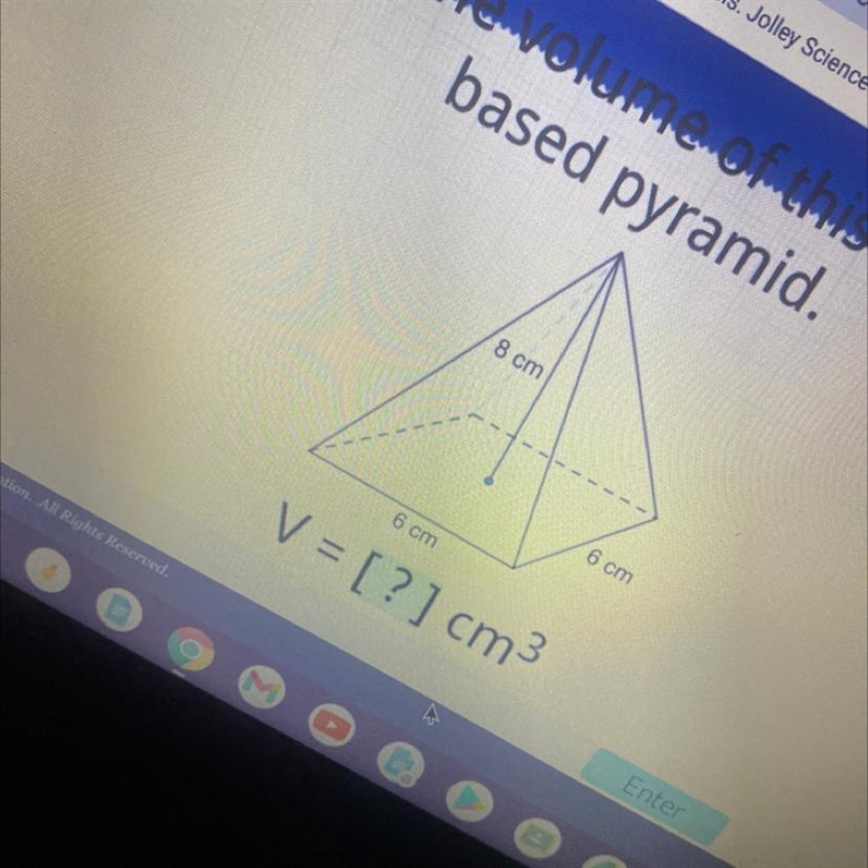 Find the volume of this square based pyramid 8cm 6cm 6cm-example-1