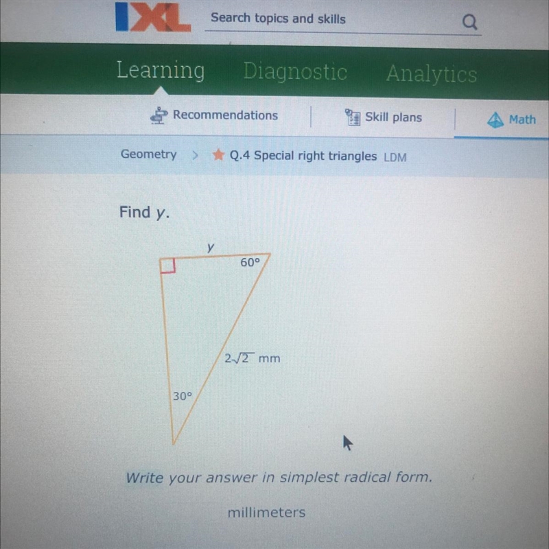 Find Y Special right triangles Please last question of the day!! Due very soon-example-1