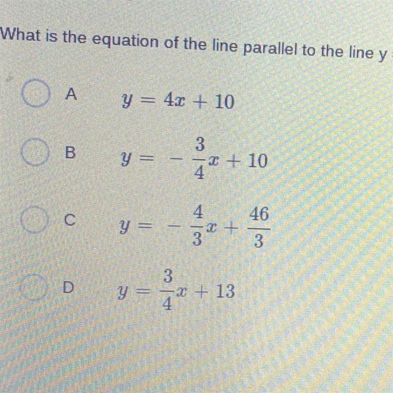 What is the equation of the line parallel to the line y=3/4x and passes through the-example-1