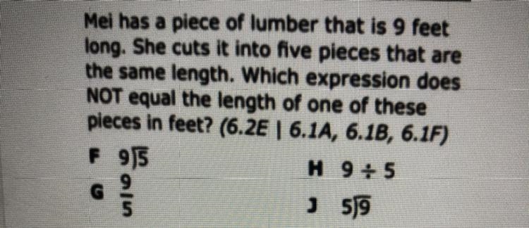 Which expresion does NOT equal the length of one of these pieces in feet. Plz help-example-1