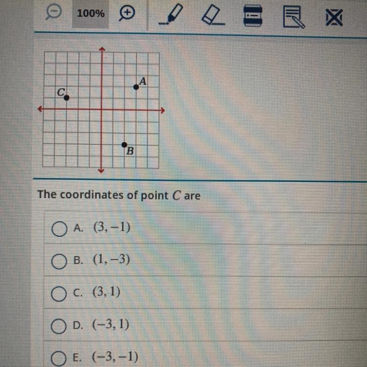 The coordinates of point Care A. (3,-1) B. (1, -3) C. (3,1) D. (-3,1) E. (-3,-1)-example-1