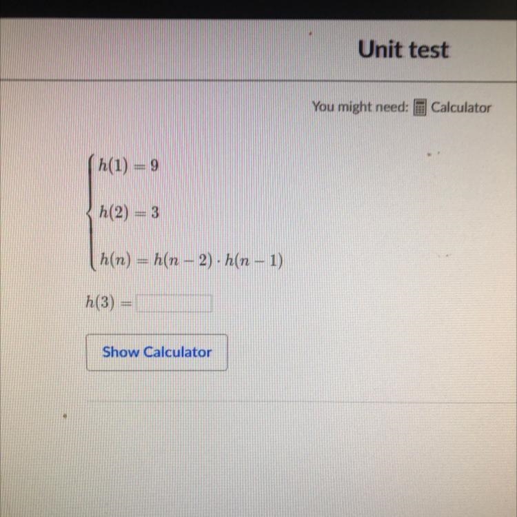 H(1) = 9 h(2) = 3 h(n) =h(n − 2).h(12 - 1) h(3) =-example-1