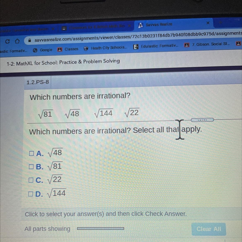 Which numbers are irrational? V81 148 144 V22 Which numbers are irrational? Select-example-1