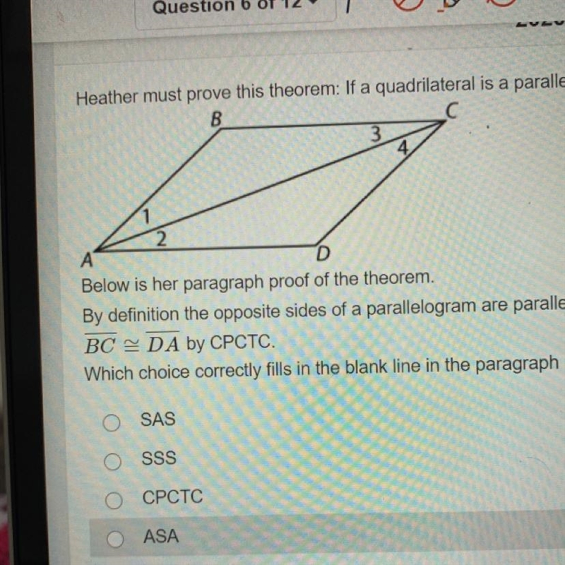 Heather must prove this theorem: If a quadrilateral is a parallelogram, then the opposite-example-1