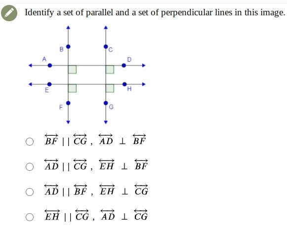 Help please! Identify a set of parallel and a set of perpendicular lines in this image-example-1