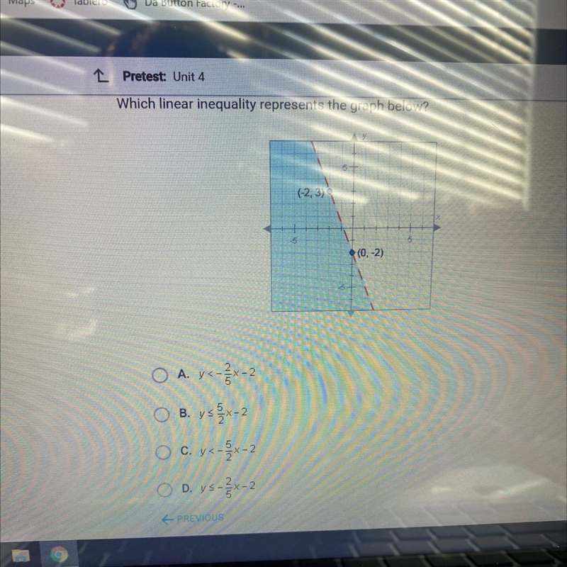 Which linear inequality represents the graph OW! (-2, 3) -5 (0, -2)-example-1