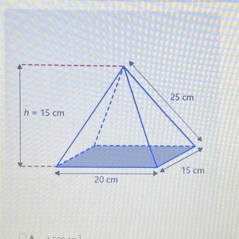 HELP PLEASE!! What is the volume of the pyramid in the diagram? A. 1,500 cm3 B. 2,500 cm-example-1