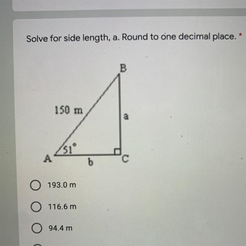 Solve for side length, a. Round to one decimal place." B 150 m $1 A b 193.0 m-example-1