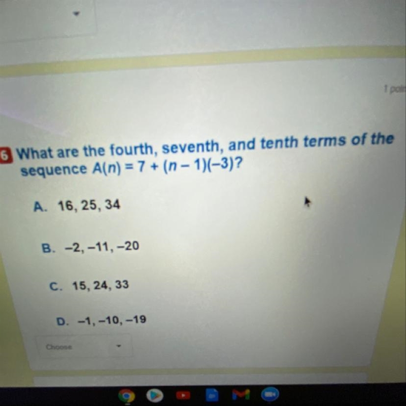 What are the fourth, seventh, and tenth terms of the sequence A(n) = 7 + (n - 1)(-3)?-example-1