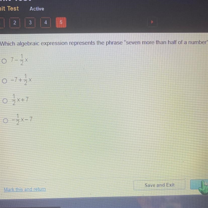 Which algebraic expression represents the phrase "seven more than half of a number-example-1