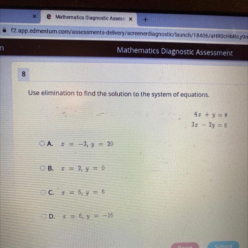 Use elimination to find the solution to the system of equations. 4x + y = 8 3r – 2y-example-1