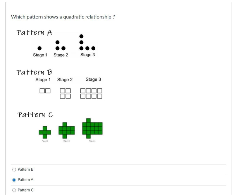 Which pattern shows a quadratic relationship?-example-1