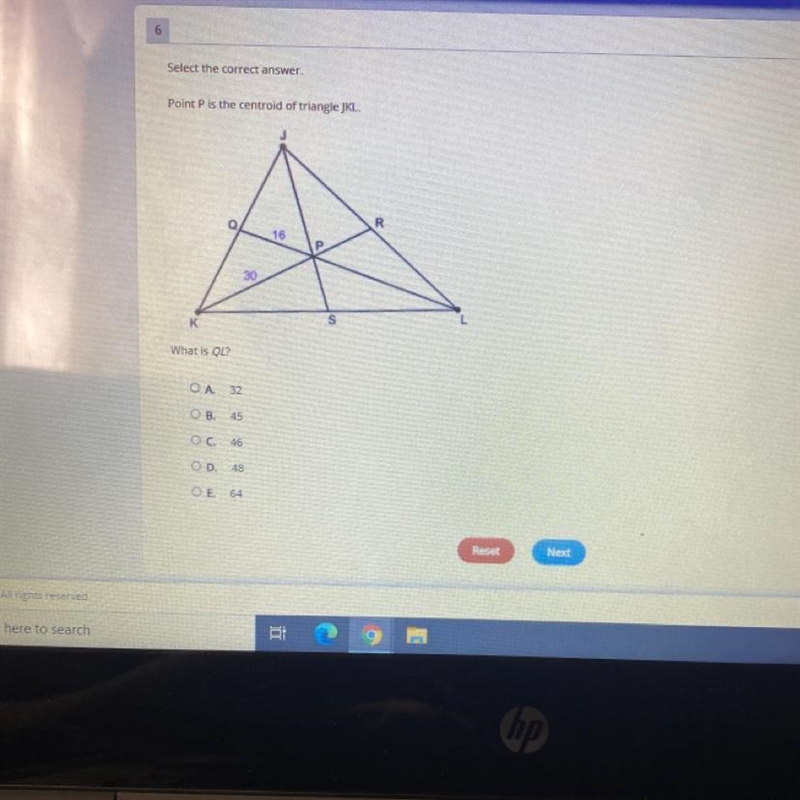 Select the correct answer. Point P is the centroid of triangle JKL. R 16 30 S What-example-1