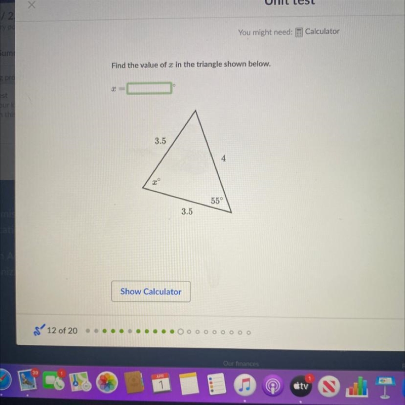 Find the value of x in the triangle shown below. HURRY PLEASE I NEED HELP!!!-example-1