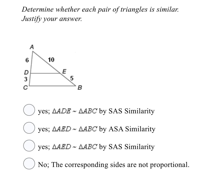 Determine whether each pair of triangles is similar. Justify your answer.-example-1