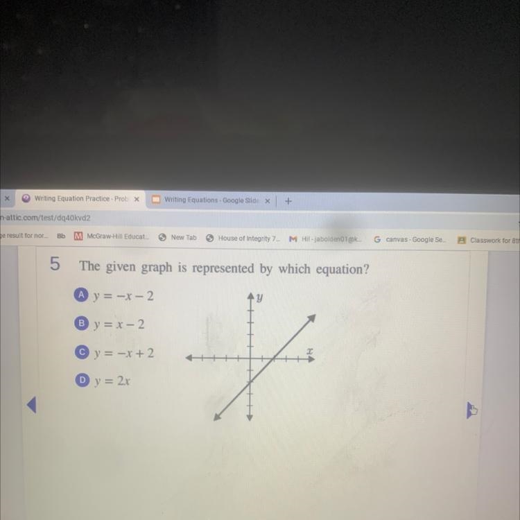 5 The given graph is represented by which equation? A y = -x-2 B y = x - 2 C y = -x-example-1