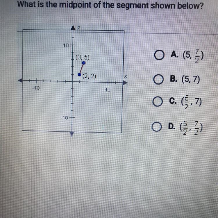 What is the midpoint of the segment shown below? A.(5,7/2) B.(5,7) C.(5/2,7) D.(5/2,7/2)-example-1