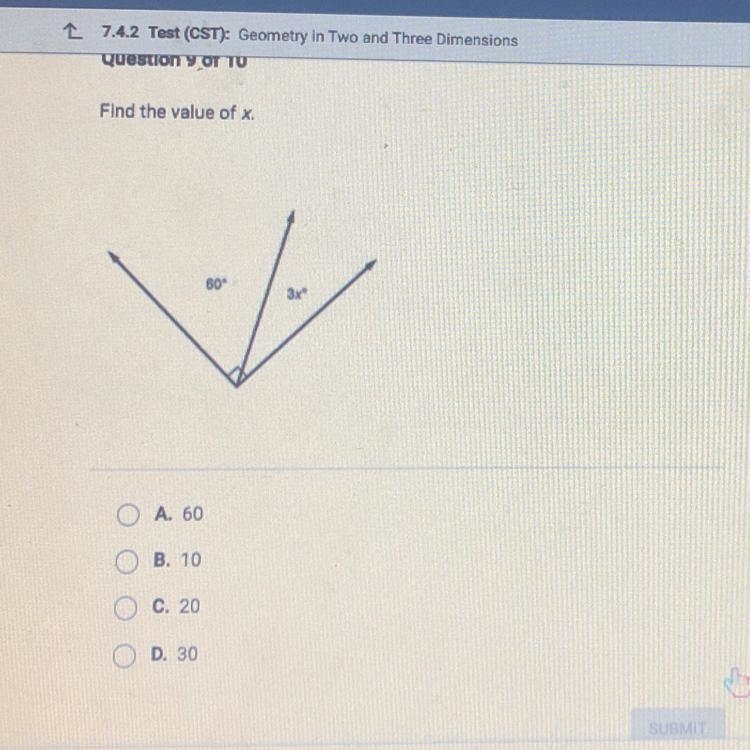 Find the value of x. 60 3x O A. 60 B. 10 O C. 20 D. 30-example-1