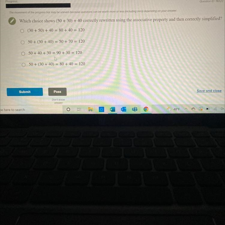 Which choice shows (50+30)+40 correctly written using associative property and then-example-1