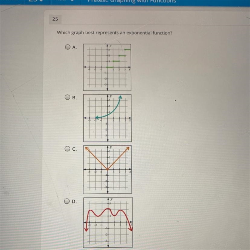 Which graph best represents an exponential function? O A. O B. C. D.-example-1