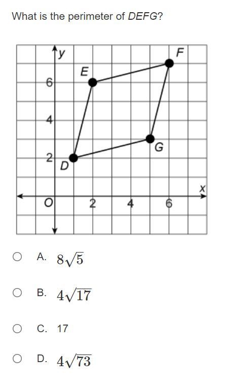 What is the perimeter of DEFG if D is located (1,2), E is located (2,6), F is located-example-1