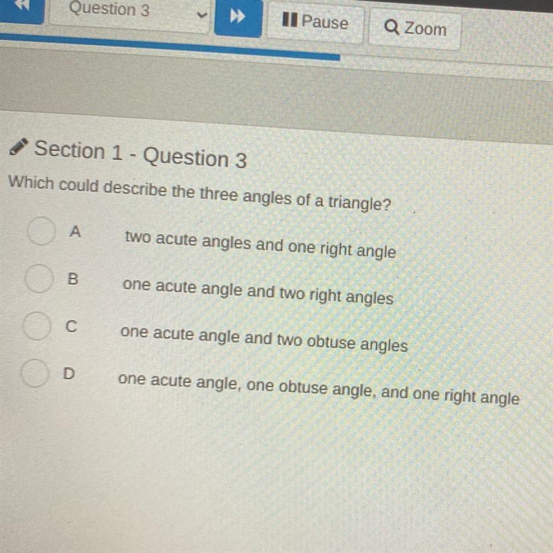 Which could describe the three angles of a triangle? Hey to a cute angle and one right-example-1