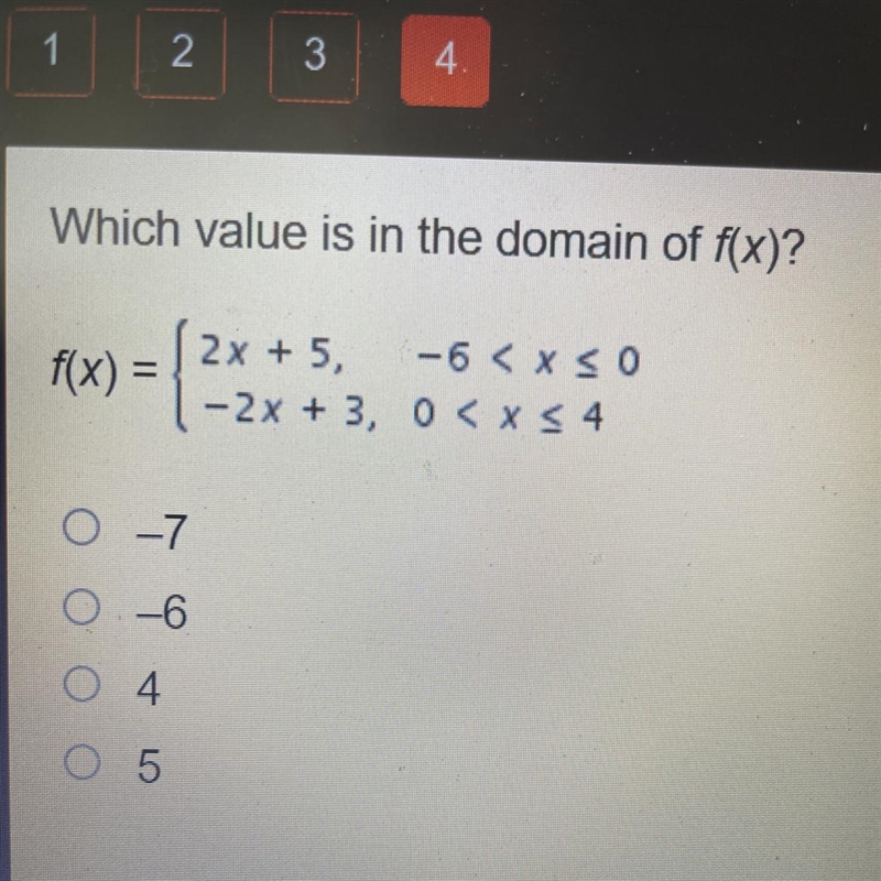 Which value is in the domain of f(x)? f(x) = 2x+5, |-6 < xso - 2x + 3, 0 < x-example-1