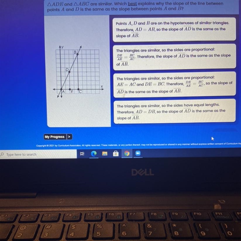 ZADE and AABC are similar. Which best explains why the slope of the line between points-example-1