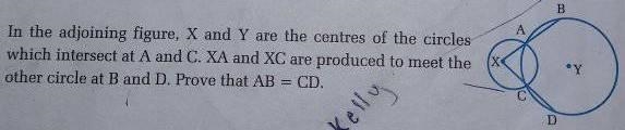 X and Y are center of circles which intersect at A and C. XA and XC are produced to-example-1