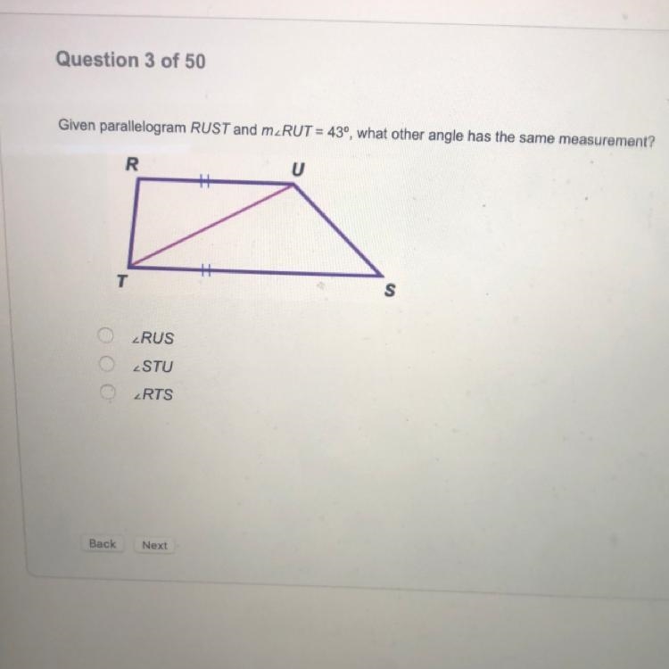 Given parallelogram RUST and m< RUT=43, what other angle has the same measurement-example-1