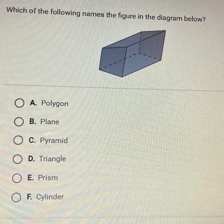 Which of the following names the figure in the diagram below? O A. Polygon O B. Plane-example-1