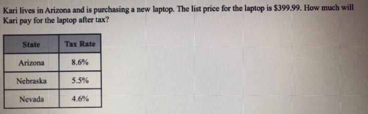 Kari lives in Arizona and is purchasing a new laptop. The list price for the laptop-example-1