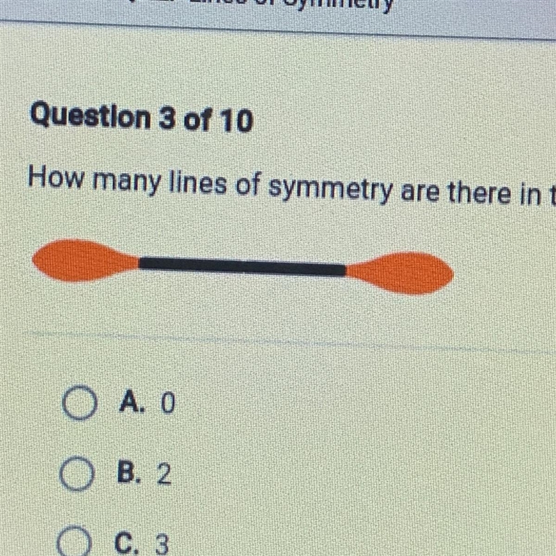 How many lines of symmetry are there in the object pictured below? A. 0 B. 2 C. 3 D-example-1