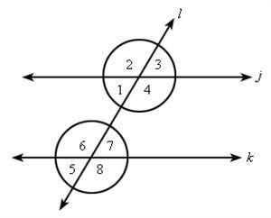 Parallel lines j and k are cut by a transversal l. Which pair of angles are alternate-example-1