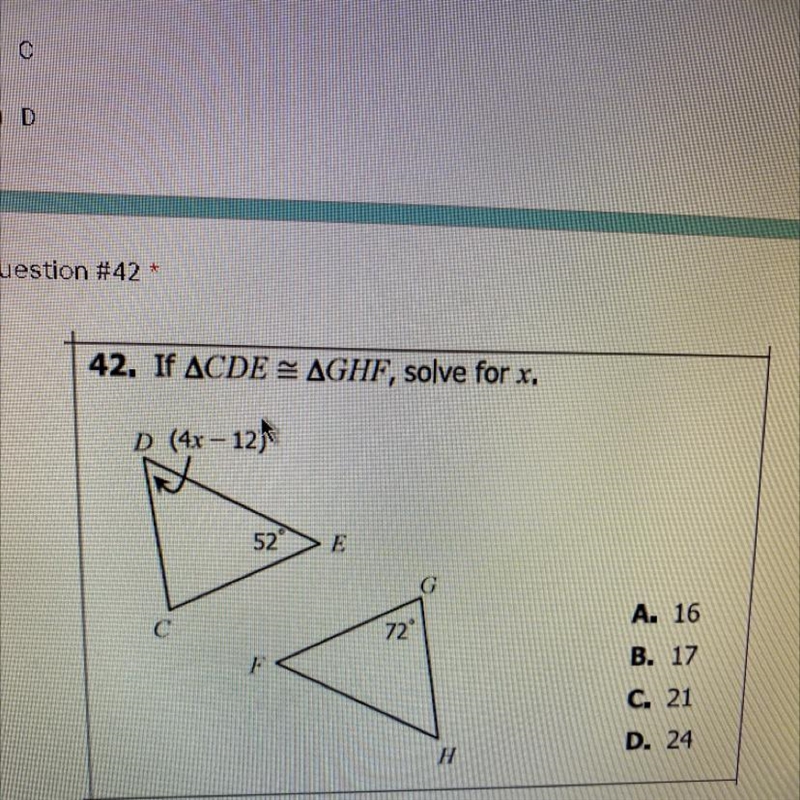 If CDE congruent to GHF, solve for x-example-1