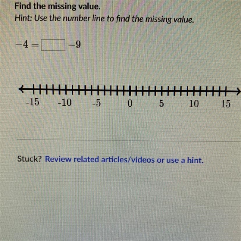 Find the missing value. Hint: Use the number line to find the missing value. -4= -9 -15 -10 -5 0 5 10 15 Stuck-example-1