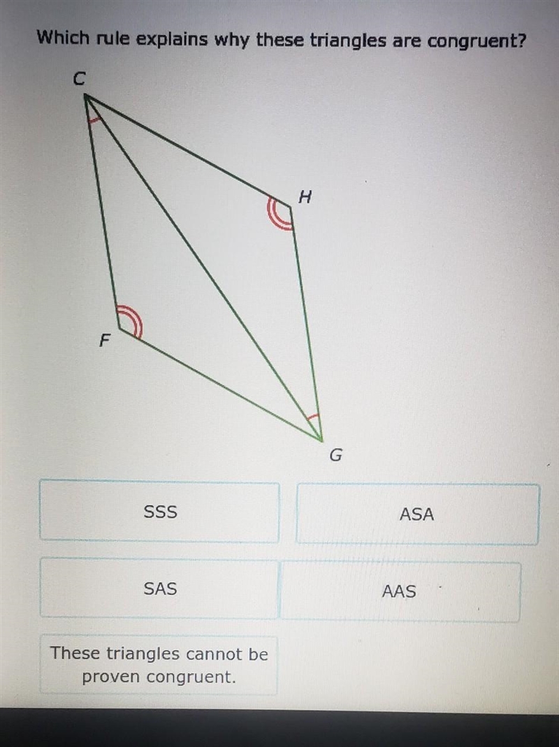 Which rule explains why these triangles are congruent? ​-example-1