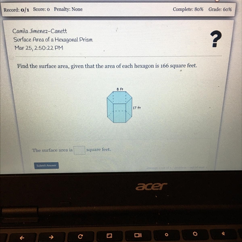 Find the surface area, given that the area of each hexagon is 166 square feet.-example-1